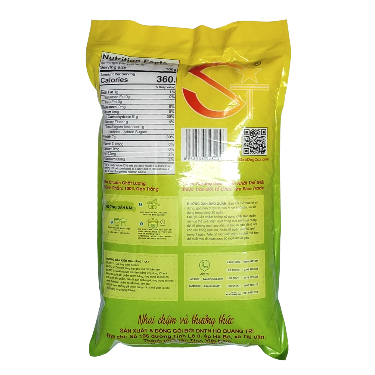 Gạo ST25 Ông Cua túi 5kg mặt sau - Mẫu 2026